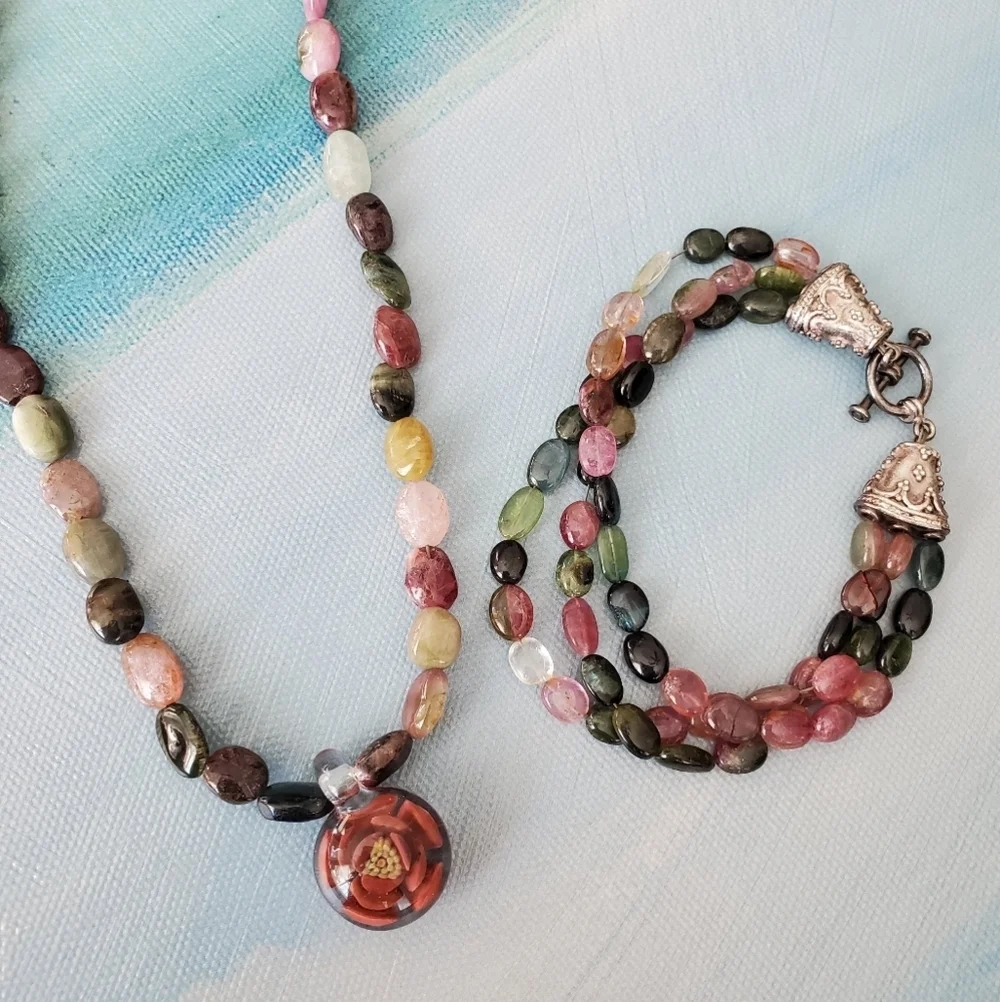 Tourmaline Necklace w/ Glass Cabochon & Bracket